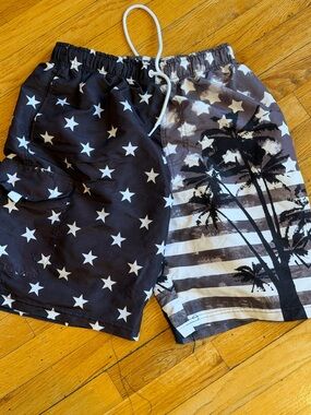 Men's Black & White Star-Stripe Palm Swim Shorts